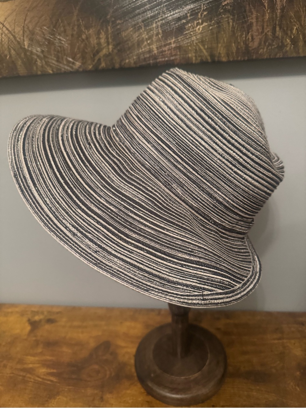 Cappelli Straworld Facesaver Style Sun Hat Black White Striped Open Back OS